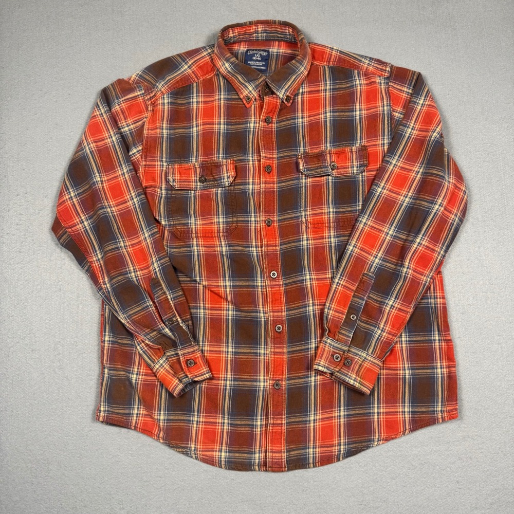Faded Glory Flannel Shirt Mens Large Red Blue Plaid Cotton Western Button Down